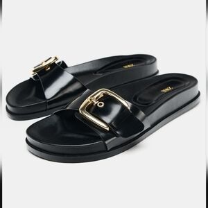 ZARA Black Sandals Womens with Gold Buckle, Wide Strap SIZE  8 - 8.5